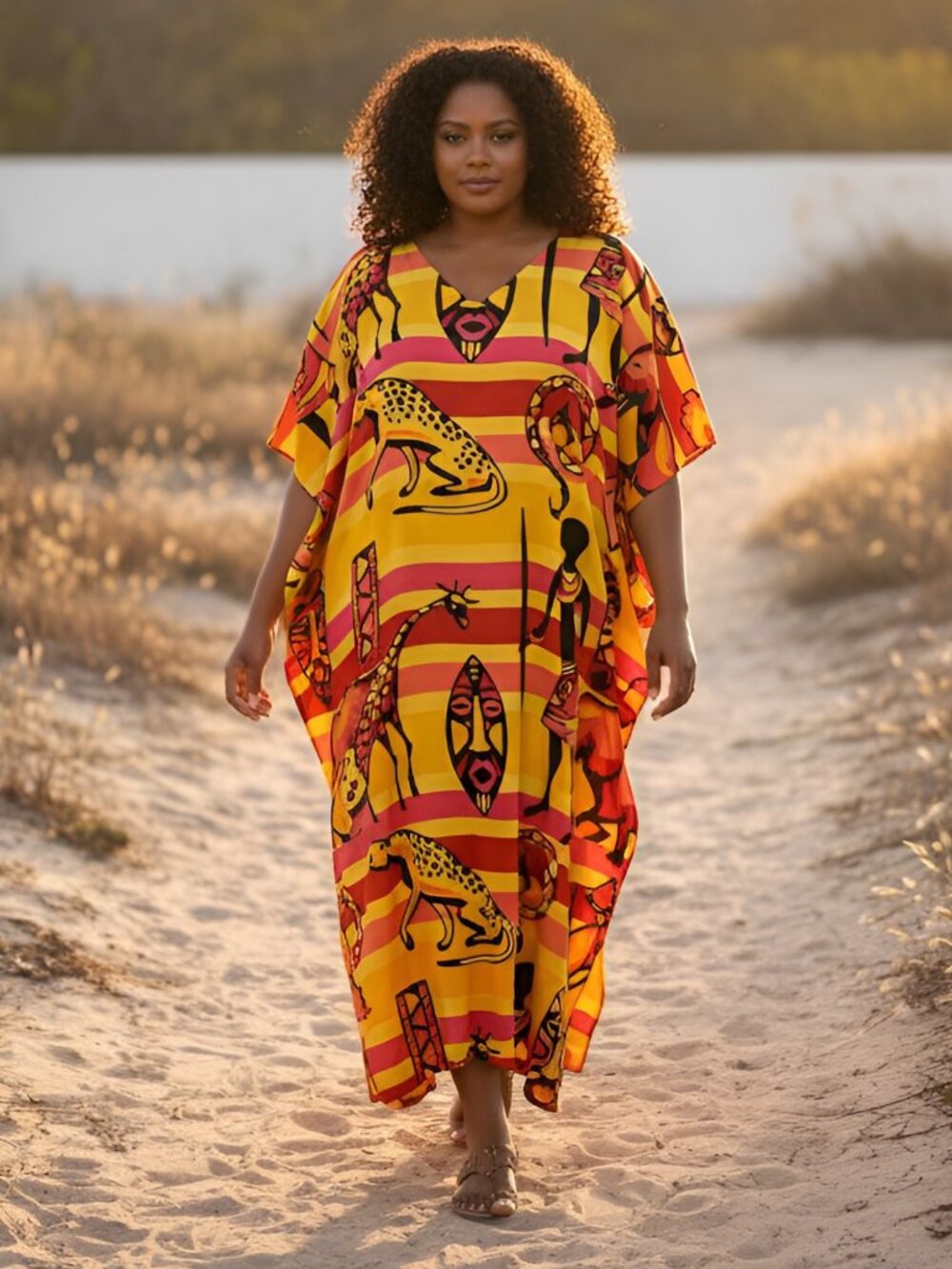 Casual Kaftan Dress Plus Size Polyester Beach Caftan Maxi Dresses Kimono Sleeve